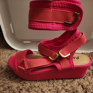Pink Wedge Sandals with Gold Accents